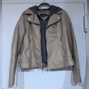 Black Rivet Taupe faux Leather Moto Jacket with Removable Dark Gray Hoodie